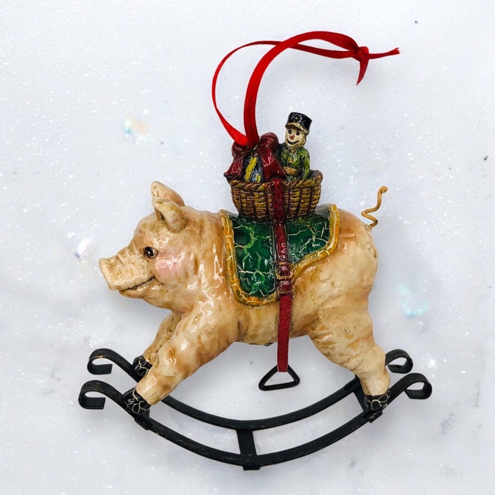 Vtg Rocking Pig Christmas Ornament Basket Gift Farmhouse Cottage Country Decor